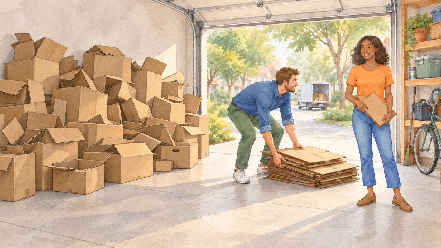 HaulinBuddy worker clearing flattened cardboard beside a pile of boxes in a customer's garage